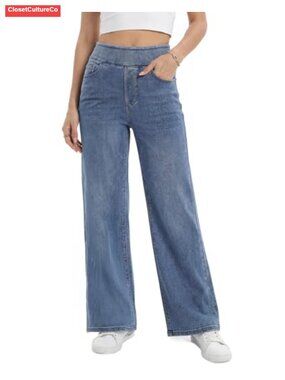 Wide Leg Pull On Jeans High Rise Stretchy Denim Pants Elastic Waist Tummy